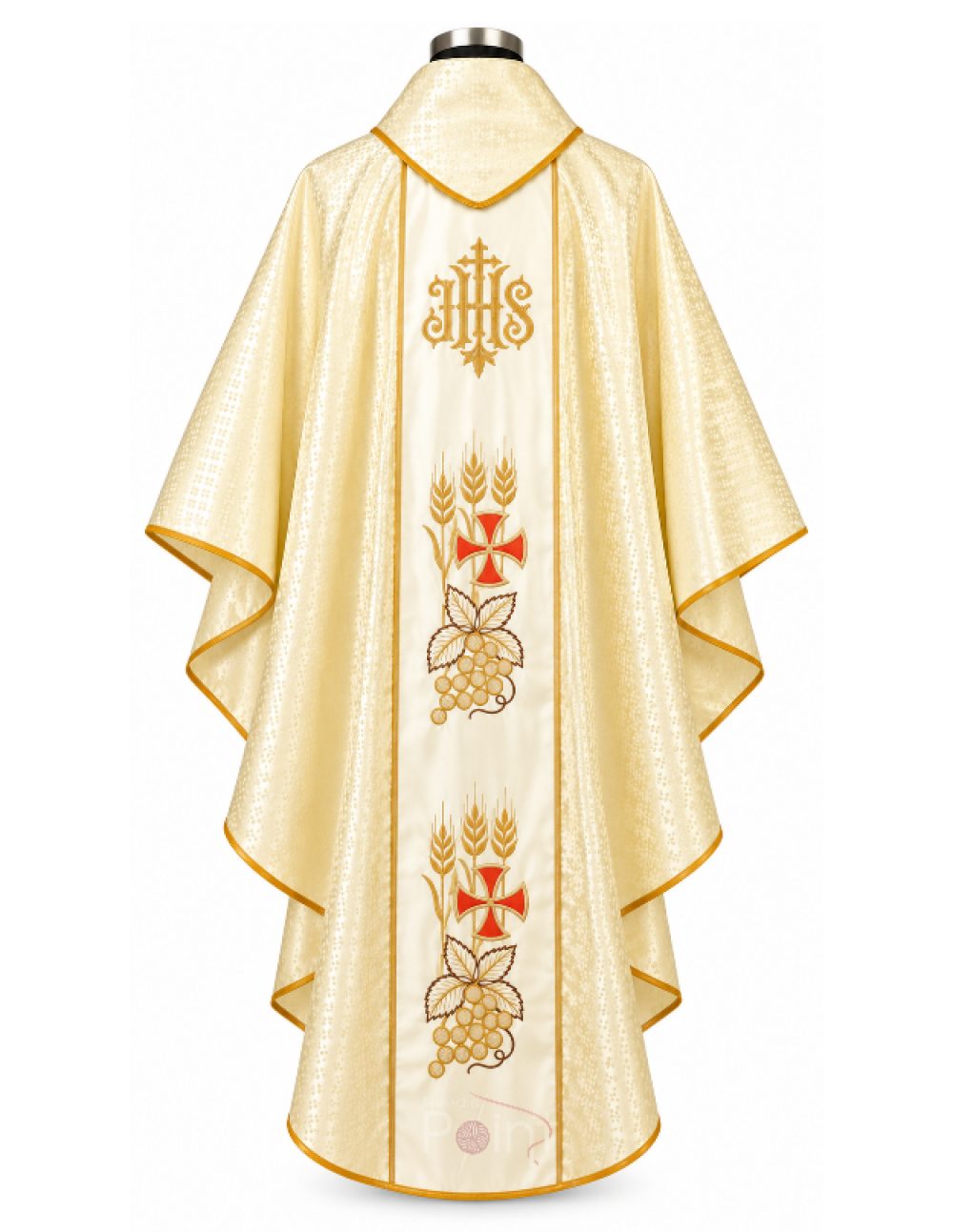 Gold damask chasuble with gold IHS monogram and grapevine embroidery, back view