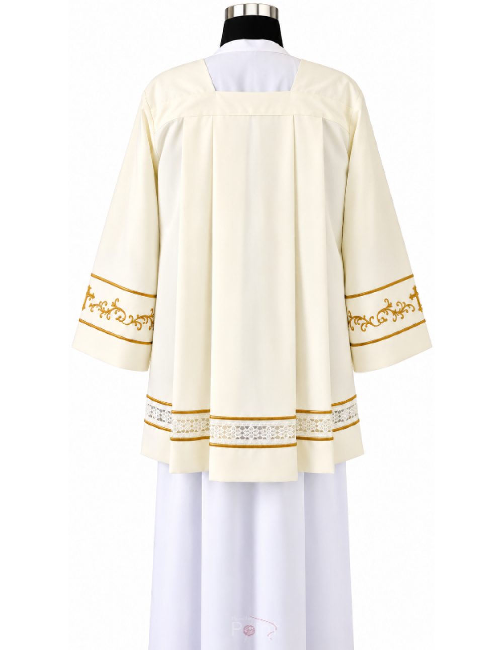 Cream surplice with gold scrollwork borders and lace insertion band, back view