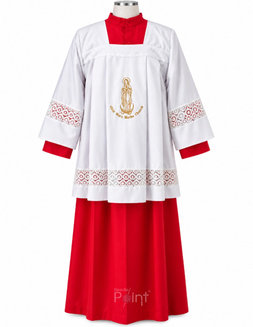 Red & White Altar Boys Dress with Marian Embroidery | Liturgical Vestment
