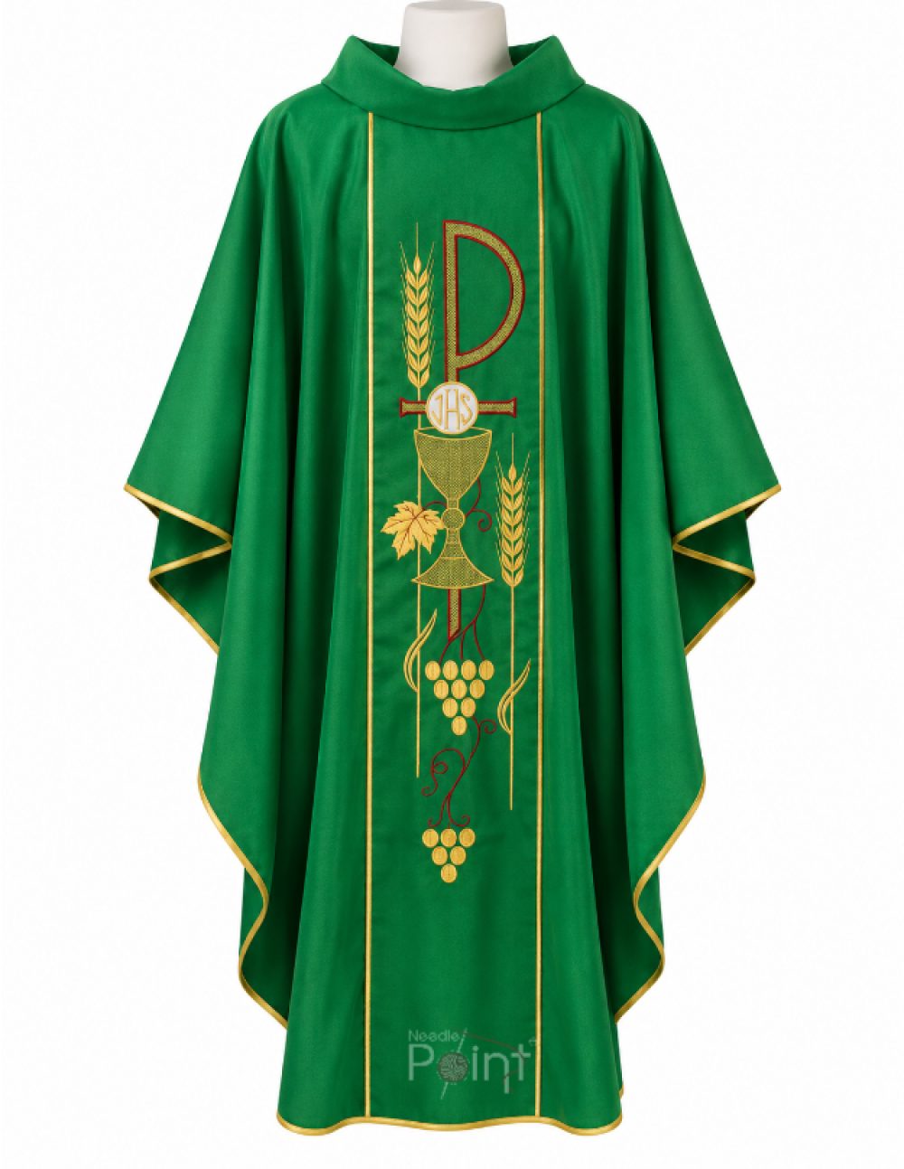 Green chasuble with embroidered Chi-Rho, chalice, wheat and grapevine panel, front view
