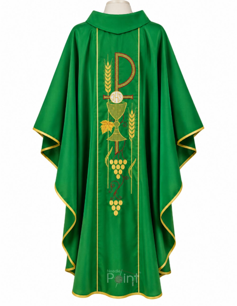Green chasuble with embroidered Chi-Rho, chalice, wheat and grapevine panel, back view