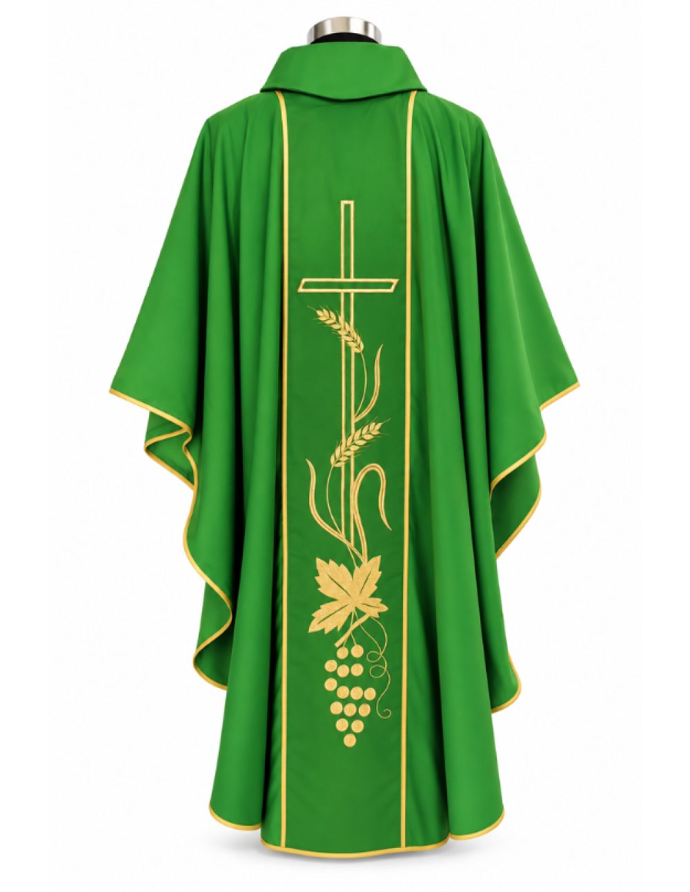 Green chasuble with embroidered cross, wheat and grapes panel, back view