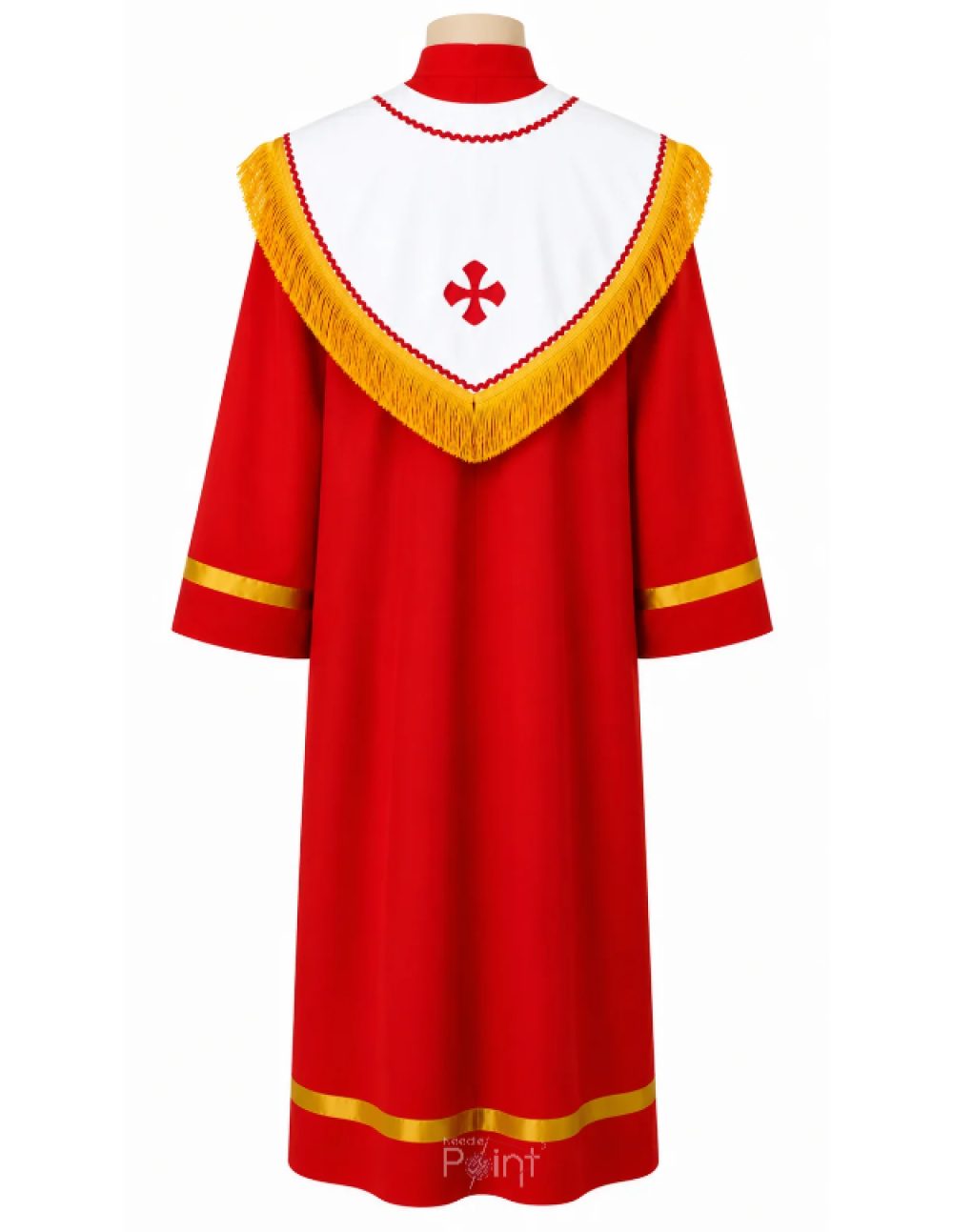 Red altar boy dress with white fringed cape and embroidered cross, back view