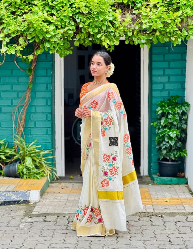 Ivory Kerala Cotton Saree with Burnt Orange and Teal Floral Embroidery