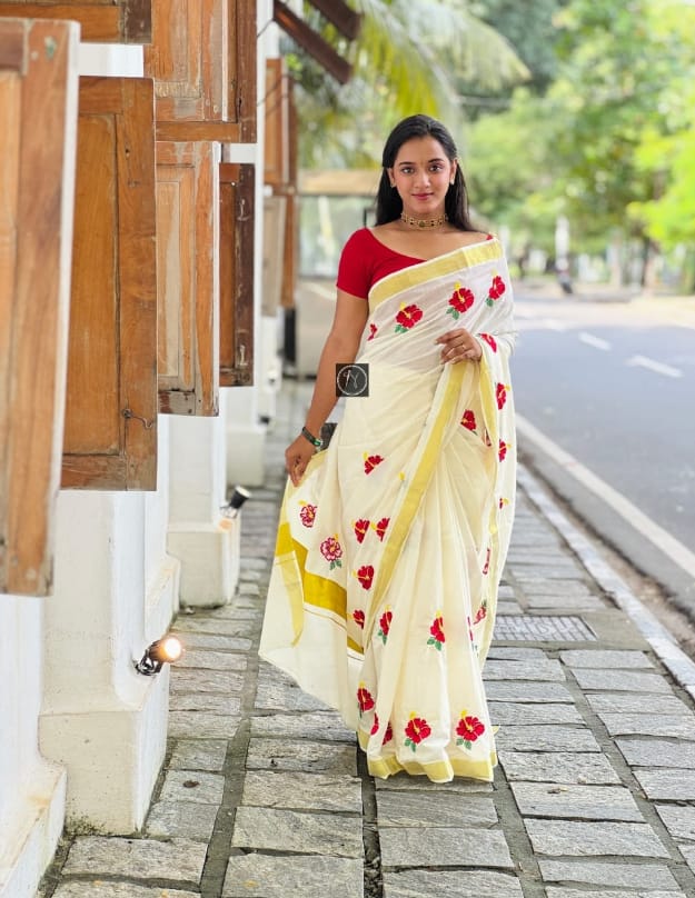 Ivory Kerala Cotton Saree with Red Floral Embroidery