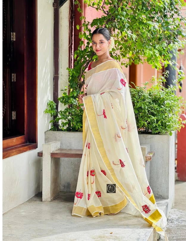 Ivory Kerala Cotton Saree with Red Floral Vine Embroidery