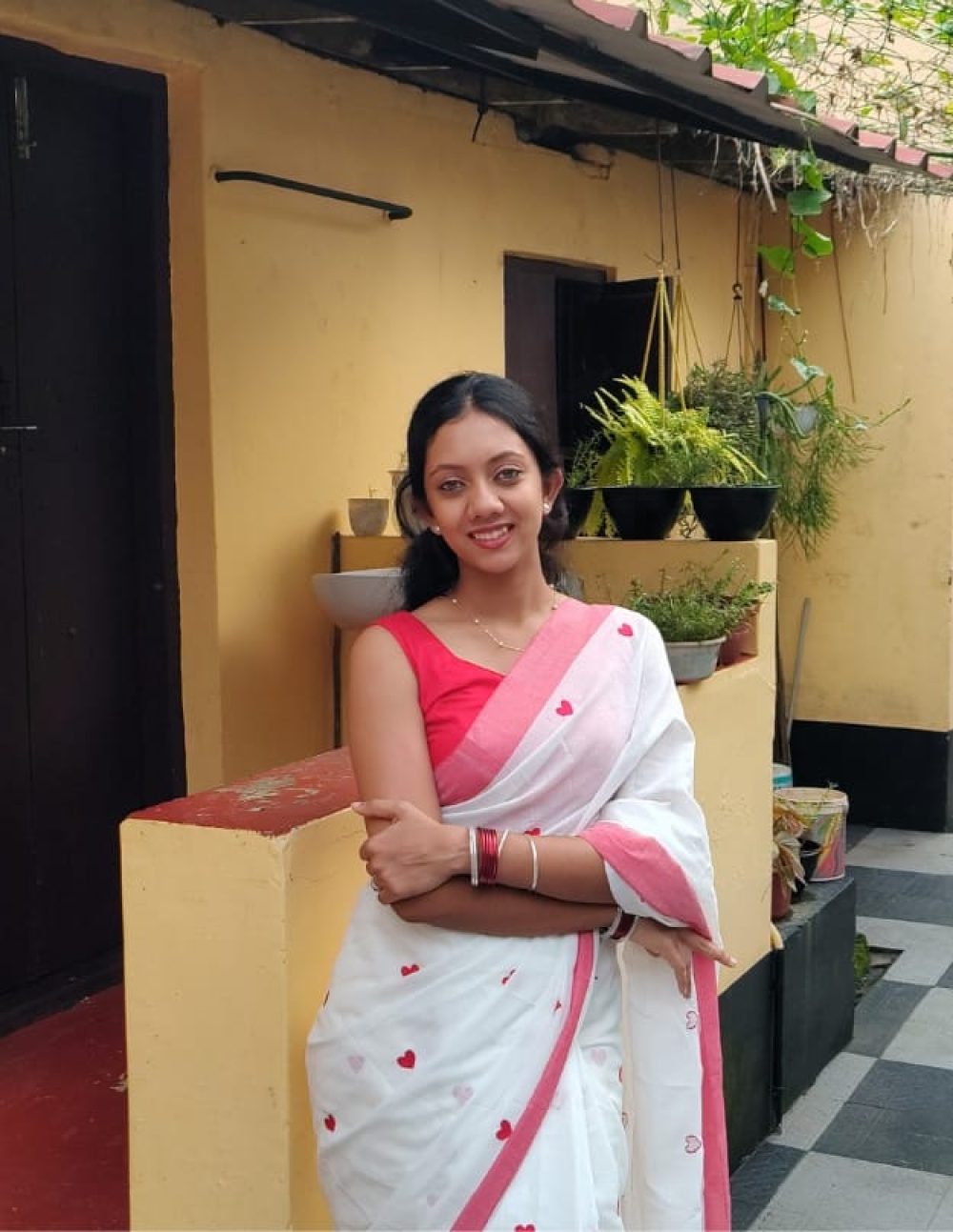 White Cotton Saree with Pink Heart Motif Embroidery