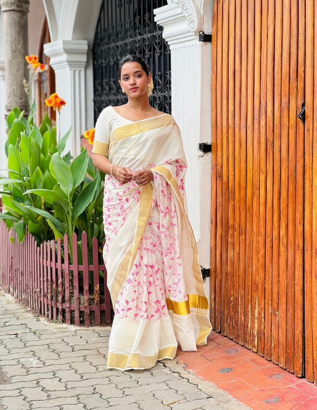 Ivory Kerala Cotton Saree with Pink Floral Vine Embroidery