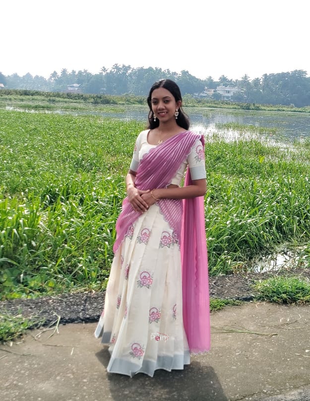 Ivory Cotton Dhavani with Pink Floral Motif Embroidery