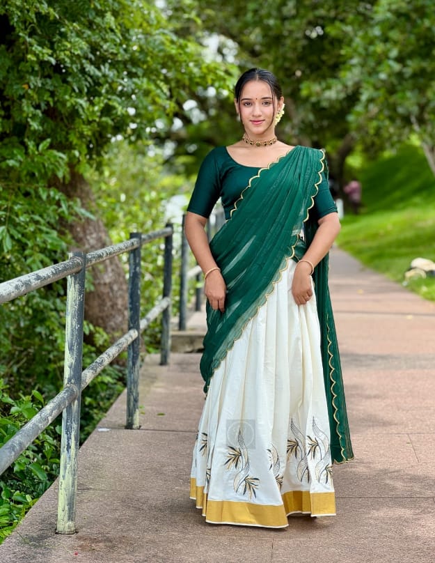 Ivory Cotton Dhavani with Gold Leaf Embroidery