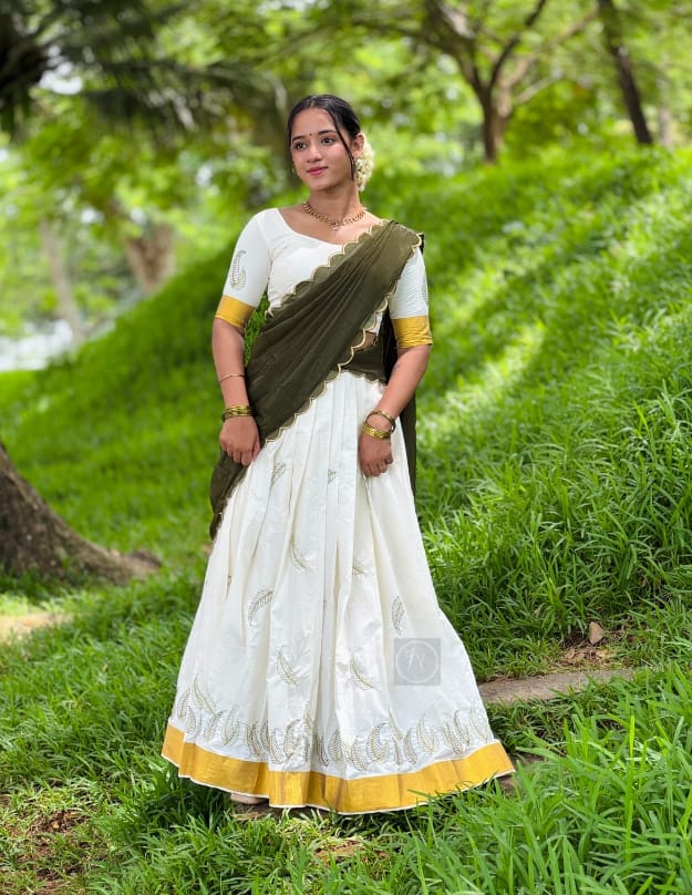 Ivory Cotton Dhavani Featuring Golden Botanical Embroidery