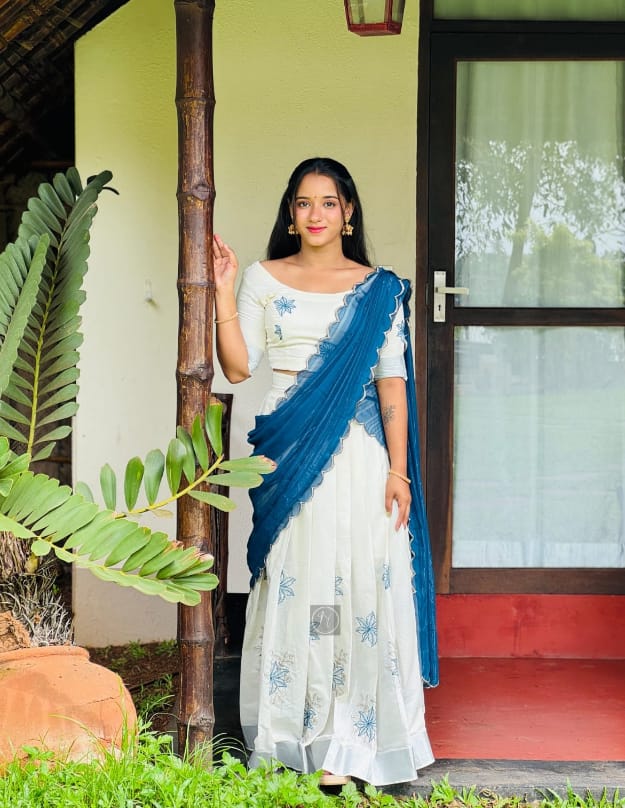 Ivory Cotton Dhavani with Blue Floral Embroidery
