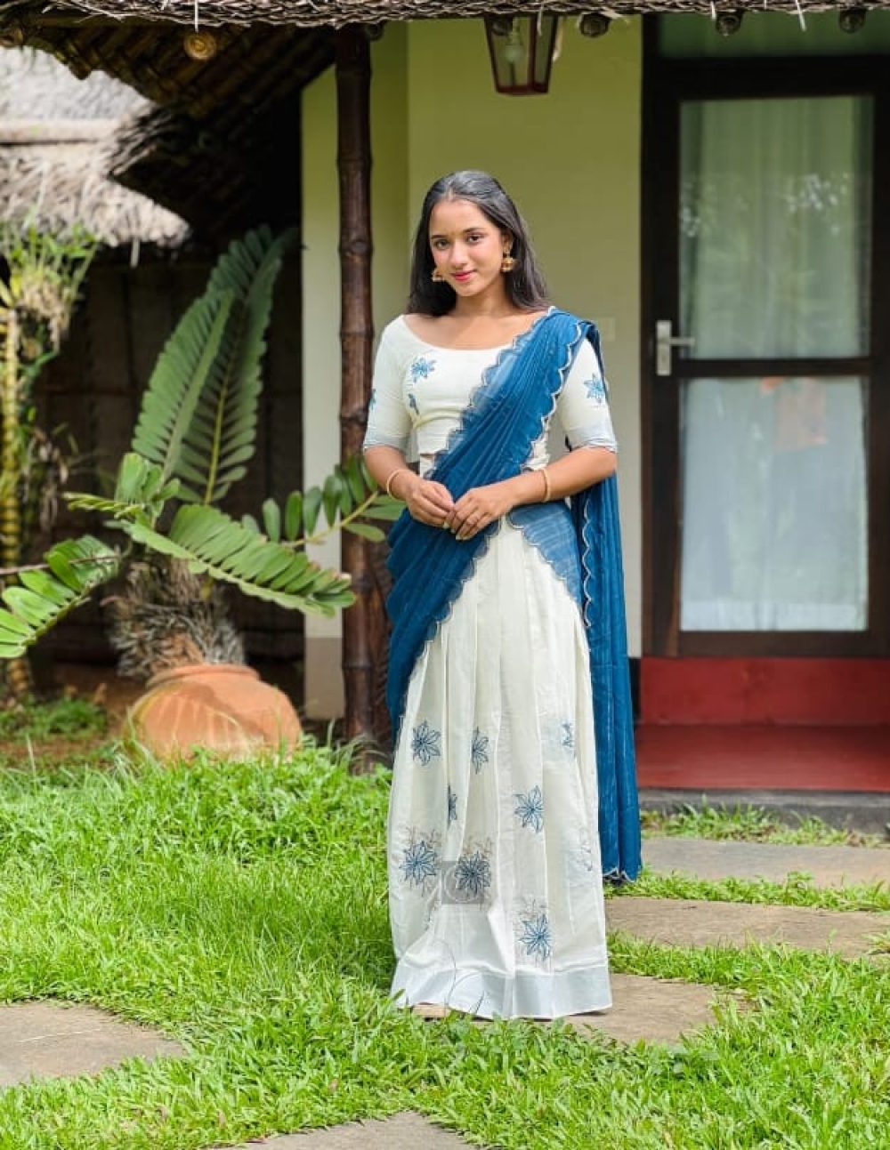 Ivory Cotton Dhavani with Blue Floral Embroidery 2