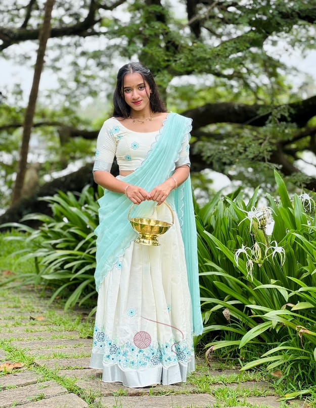 Ivory Cotton Dhavani with Aqua Blue Floral Embroidery
