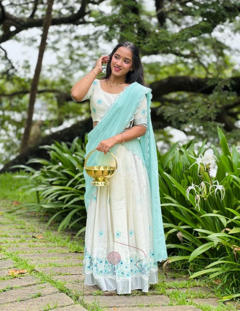 Ivory Cotton Dhavani with Aqua Blue Floral Embroidery 2