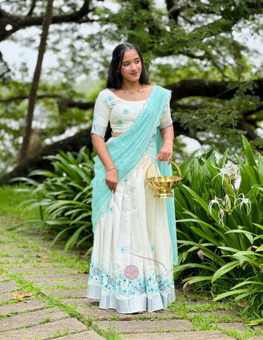Ivory Cotton Dhavani with Aqua Blue Floral Embroidery 3