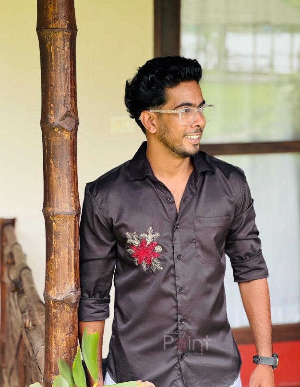 Black & Crimson Floral Embroidery Shirt2