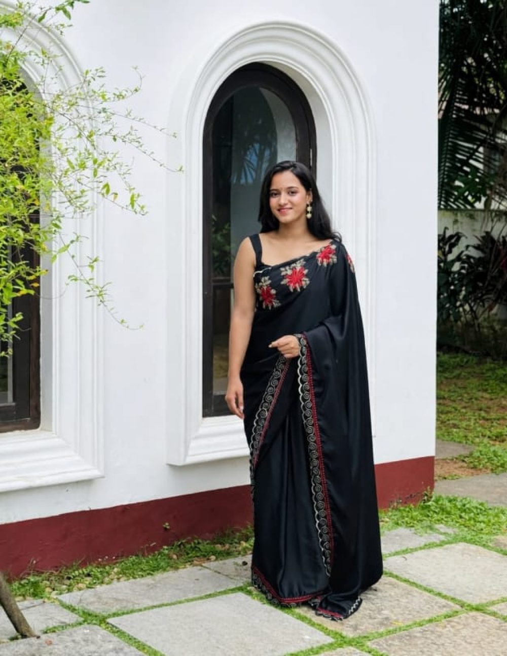 Classic Black Saree Featuring Red Floral Embroidery Design 2