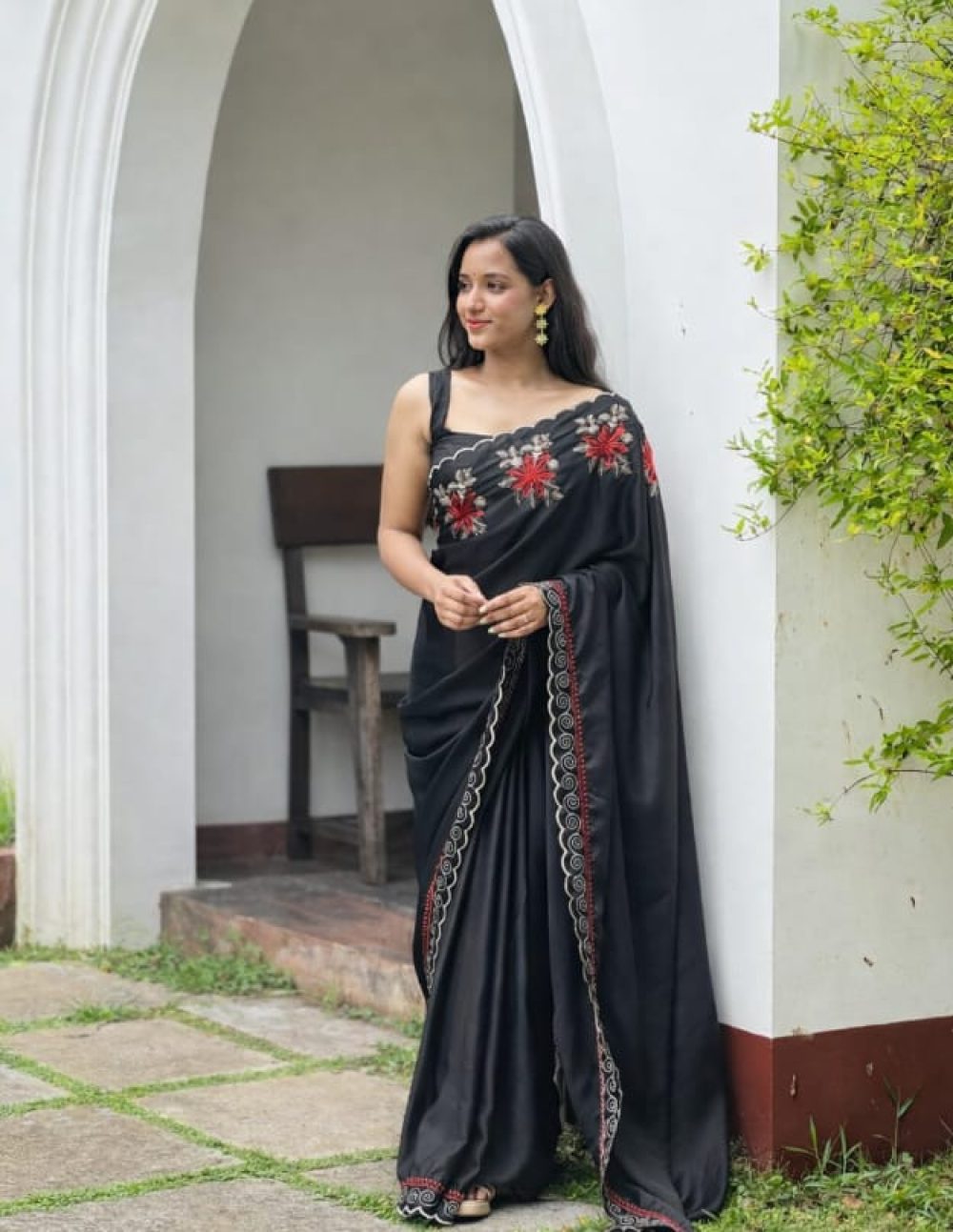 Classic Black Saree Featuring Red Floral Embroidery Design 3