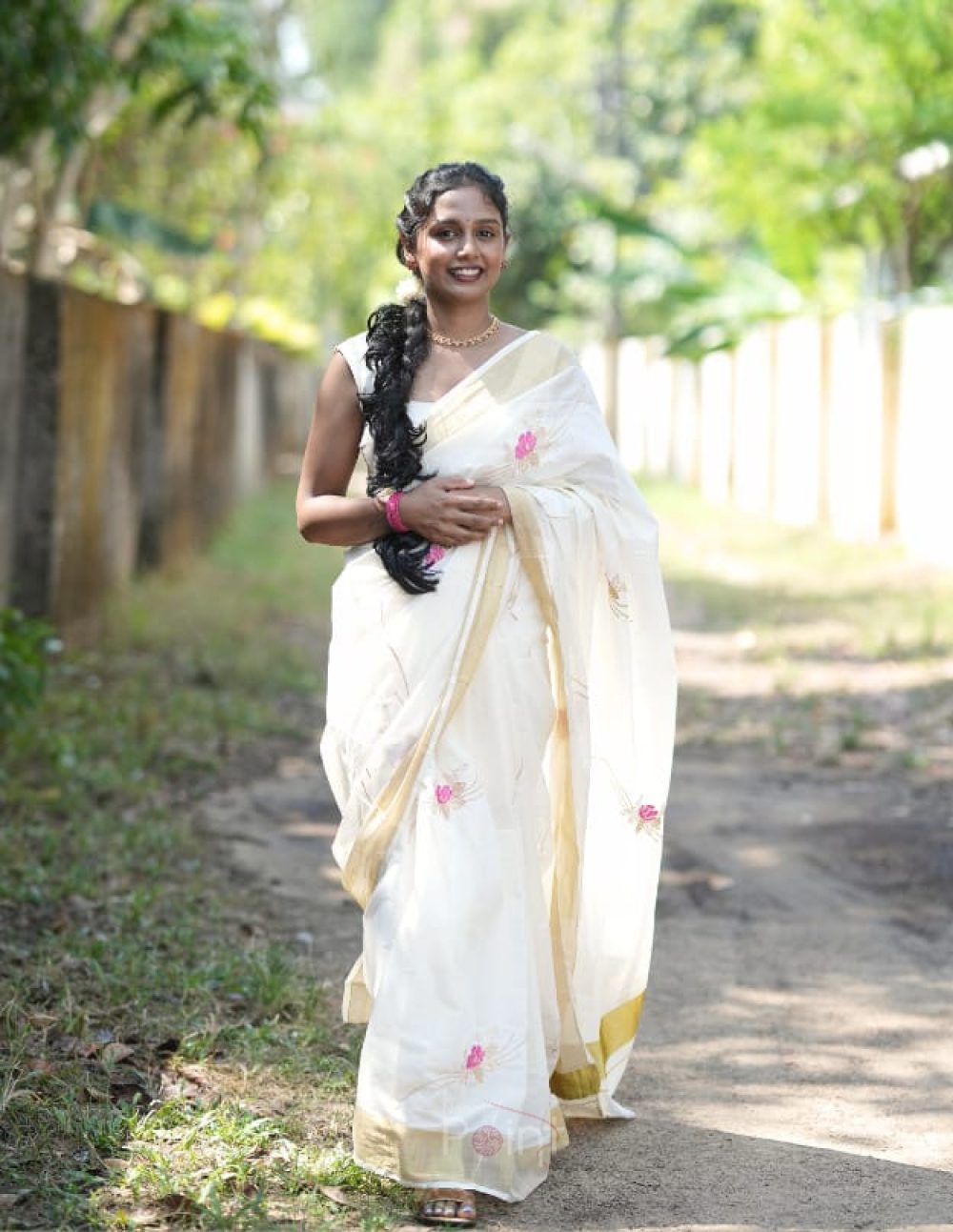 Ivory White Saree with Pink Floral Embroidery new (1)