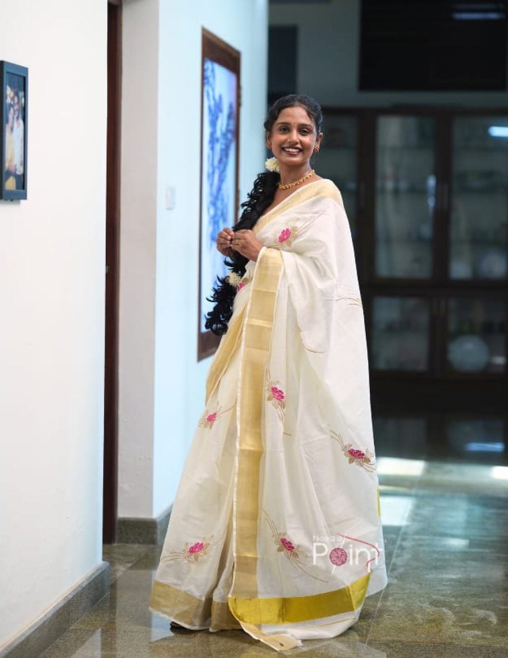 Ivory White Saree with Pink Floral Embroidery new (3)