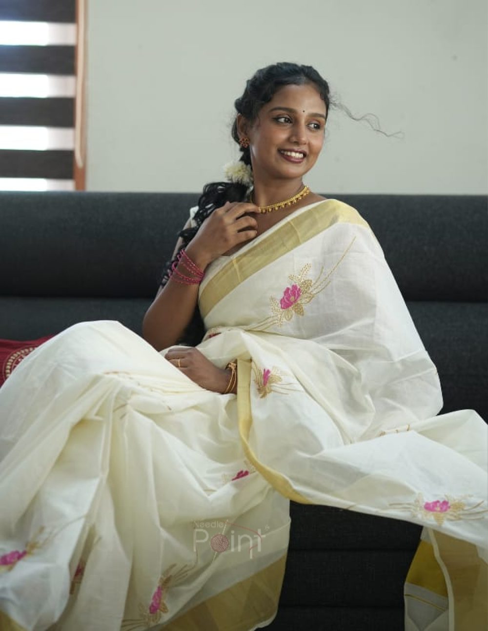 Ivory White Saree with Pink Floral Embroidery new (2)
