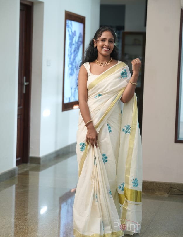 Ivory White Saree with Sky Blue Floral Embroidery