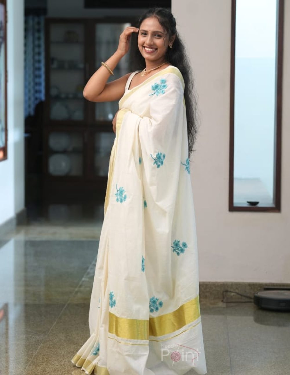 Ivory White Saree with Sky Blue Floral Embroidery 2