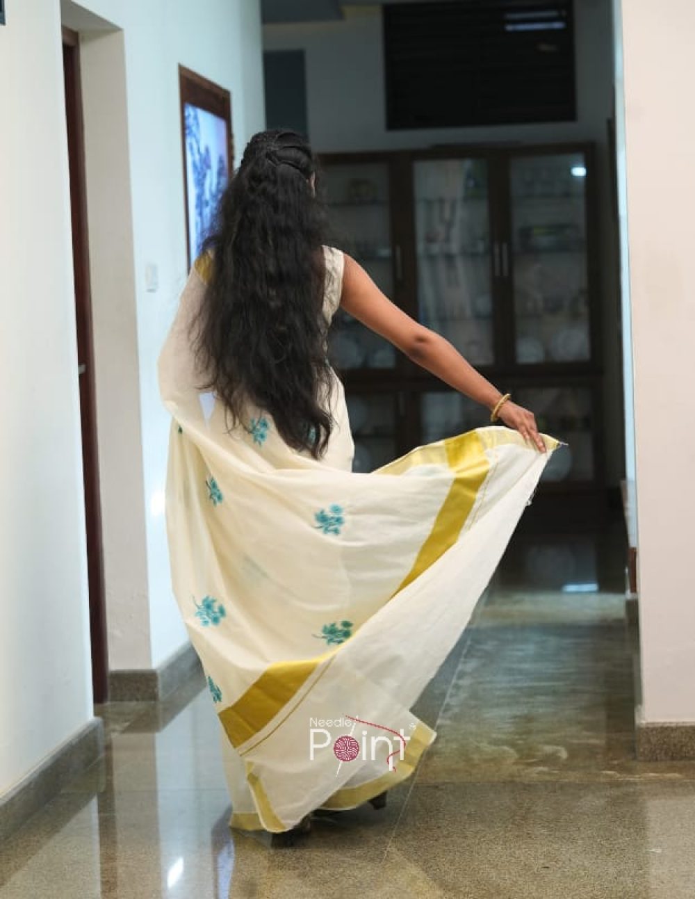 Ivory White Saree with Sky Blue Floral Embroidery 3