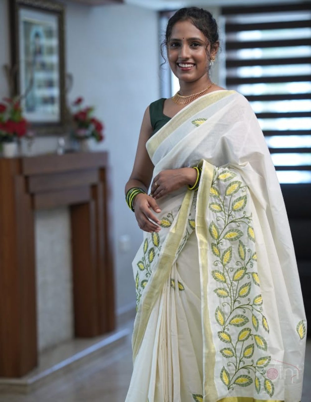 Ivory White Saree with Green & Yellow Leaf Embroidery(2)