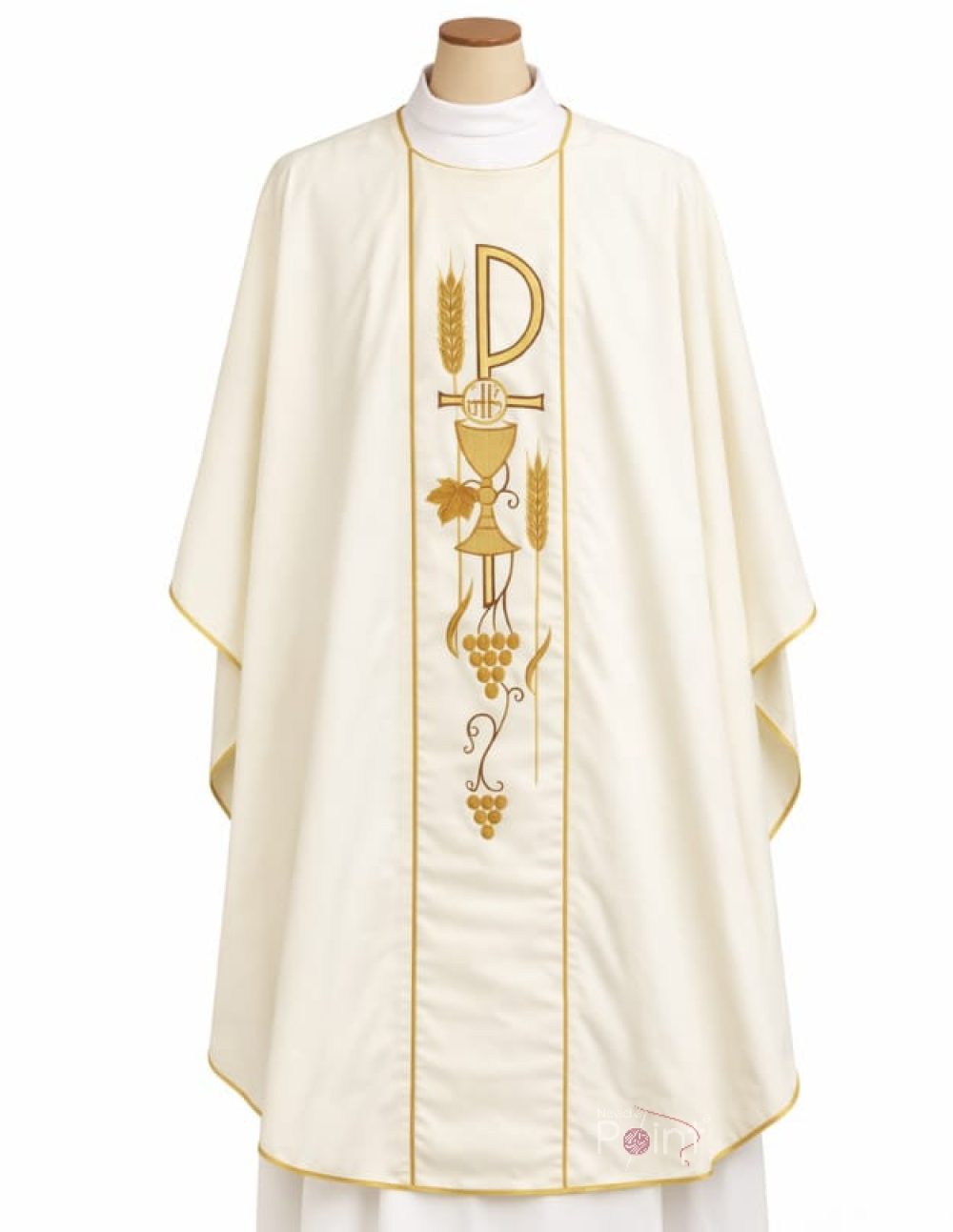 Ivory chasuble front view on mannequin with gold Eucharistic embroidery Catholic priest vestment Needle Point