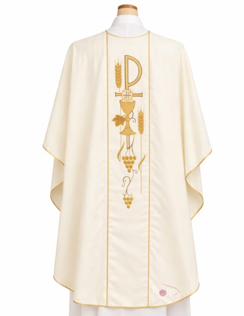 Ivory chasuble back view on mannequin with gold Eucharistic embroidery priest vestment Needle Point