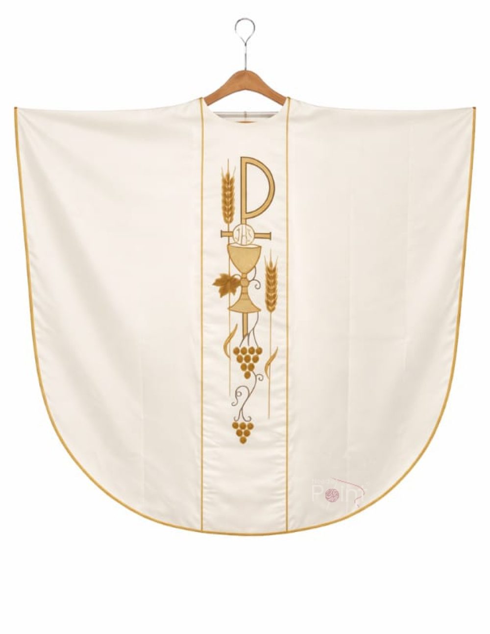 Ivory Catholic chasuble front display with Eucharistic embroidery gold design church vestment India