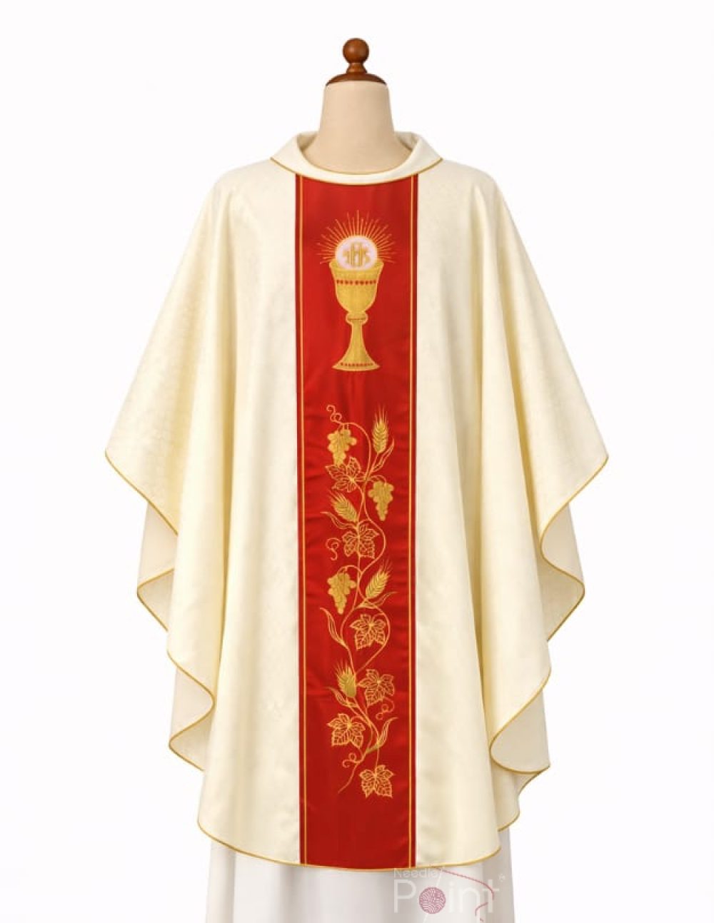 Ivory gothic chasuble front view on mannequin with red and gold Eucharistic embroidery priest vestment Needle Point
