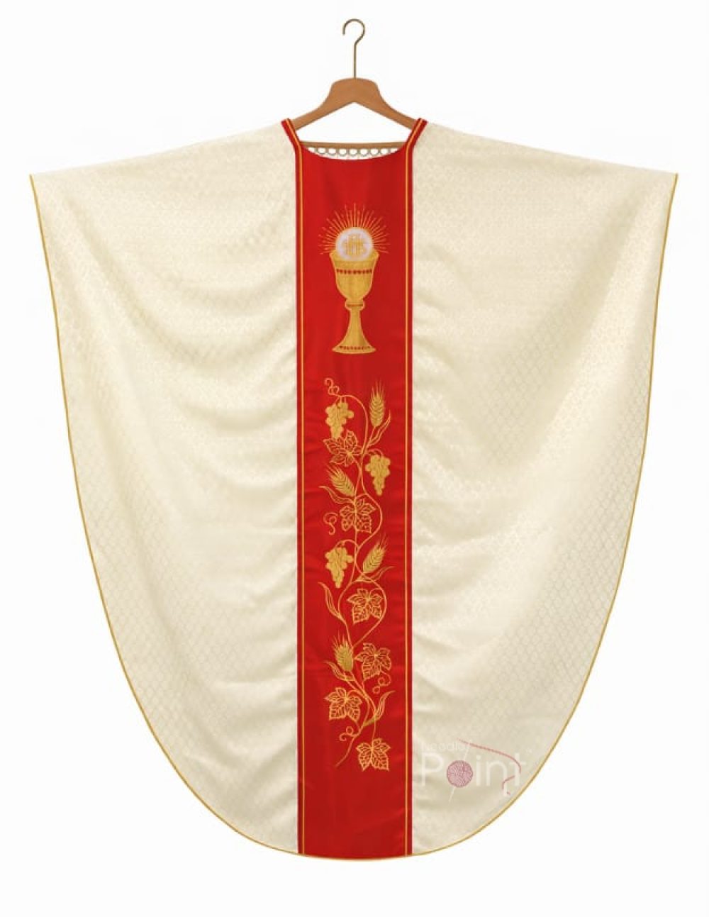 Ivory chasuble front hanging view with red panel and gold embroidery Catholic vestment Needle Point