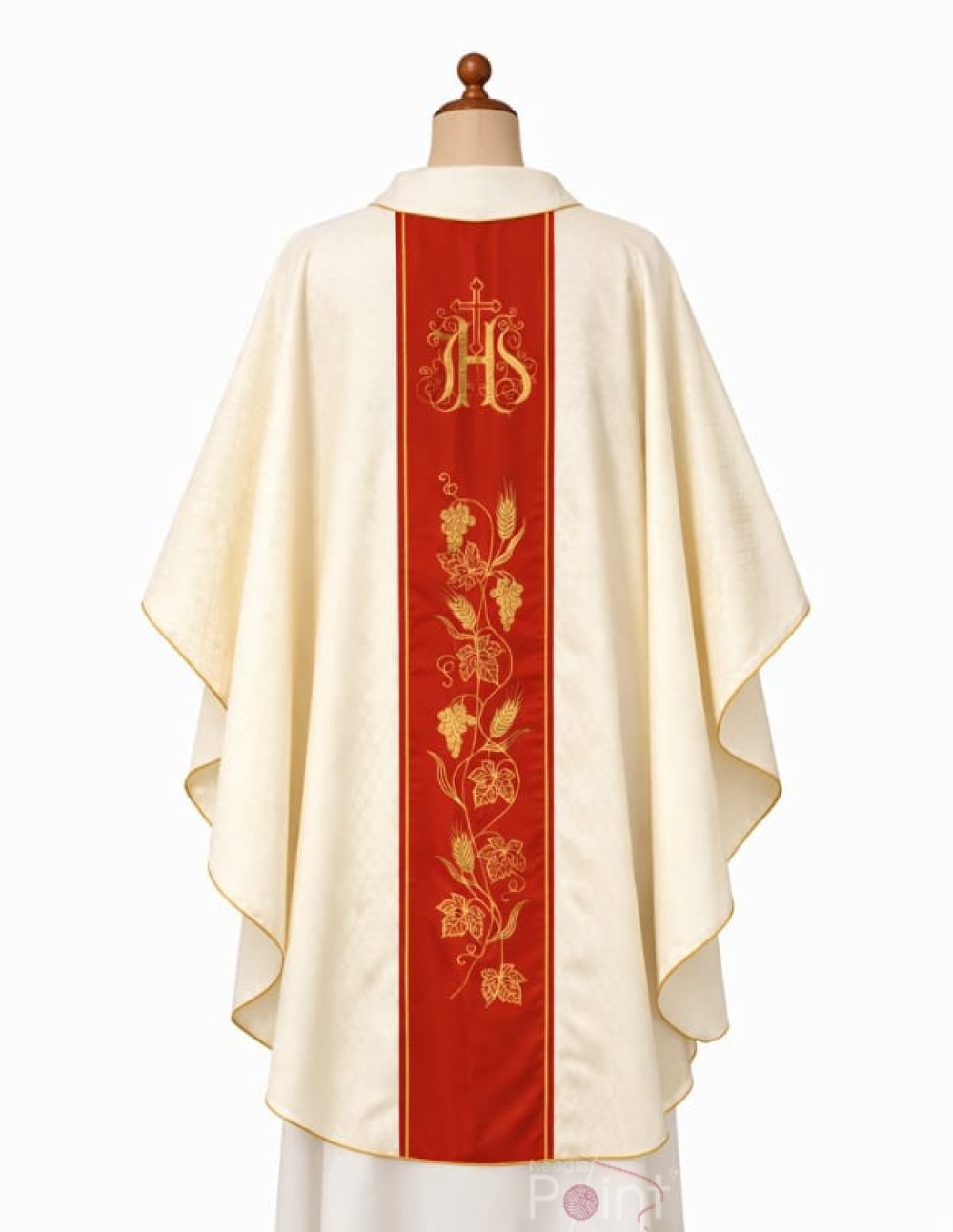Ivory gothic chasuble back view on mannequin with red and gold embroidery liturgical vestment Needle Point