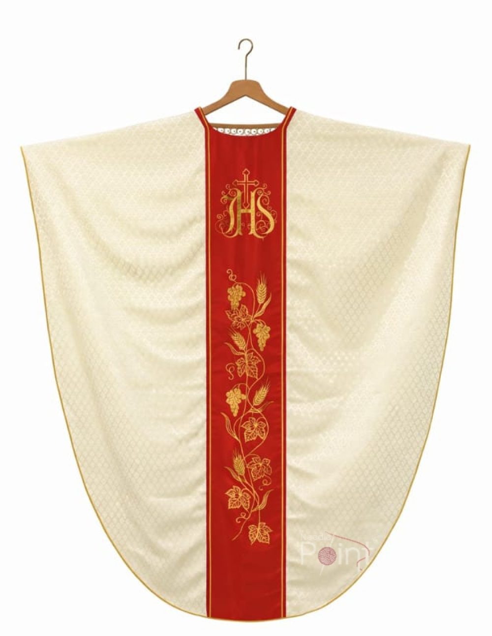 Ivory chasuble back hanging view with red panel and gold embroidery church vestment Needle Point