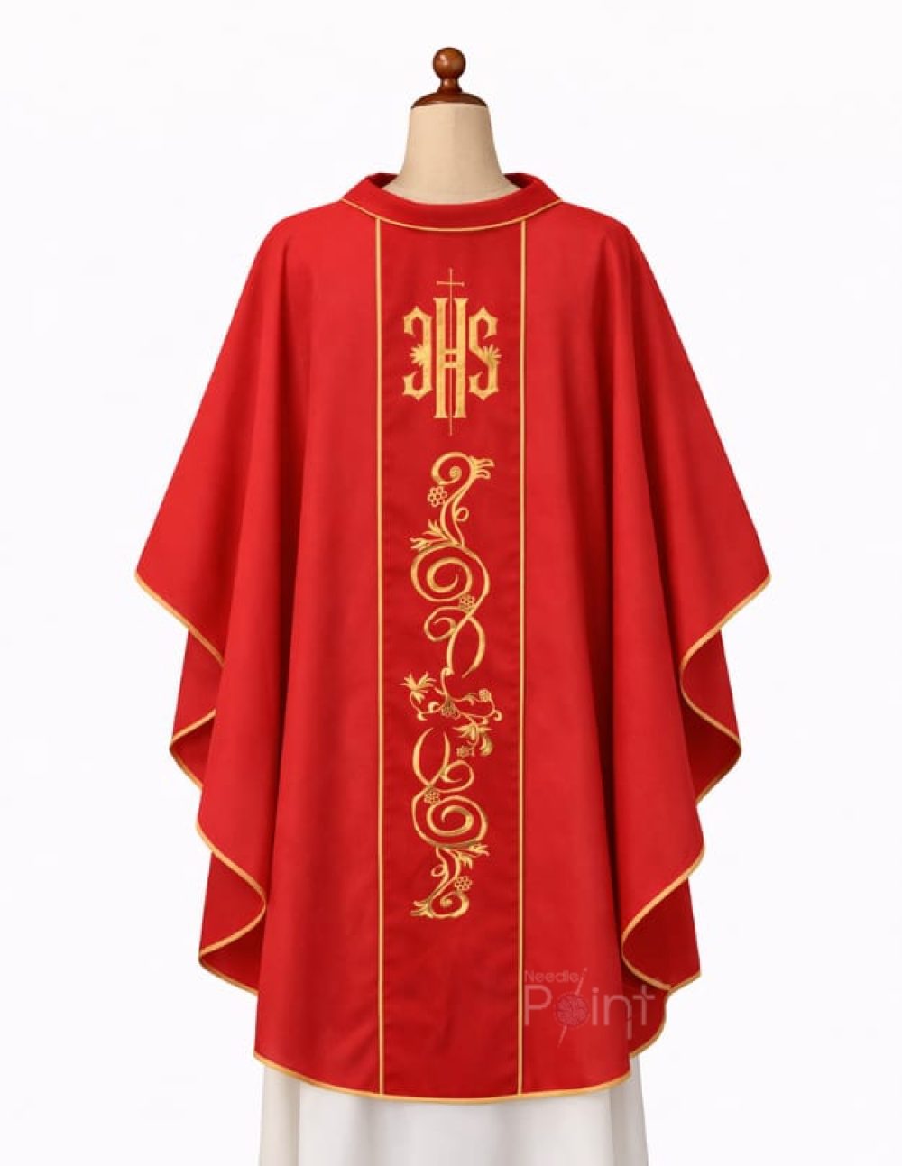 Classic red Roman-cut chasuble front view with gold IHS Christogram embroidery