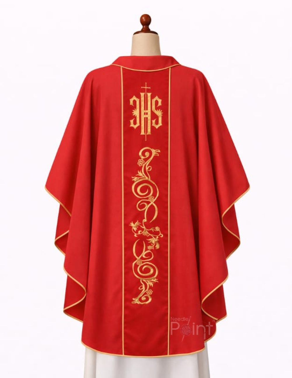 Classic red chasuble back view with gold IHS embroidery central orphrey panel liturgical vestment Needle Point India