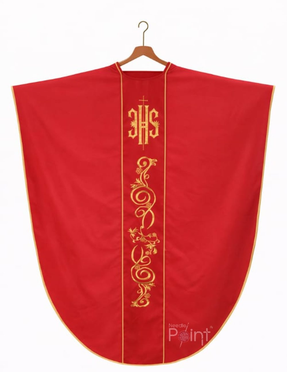 Red chasuble front hanging view gold IHS Christogram floral scroll embroidery handcrafted Catholic vestment India