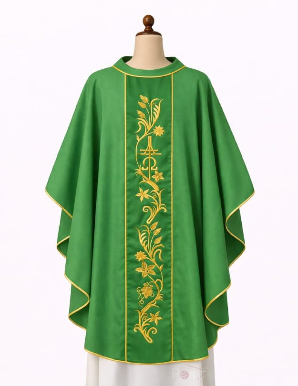 Classic green chasuble front view with gold floral embroidery Catholic priest vestment Needle Point
