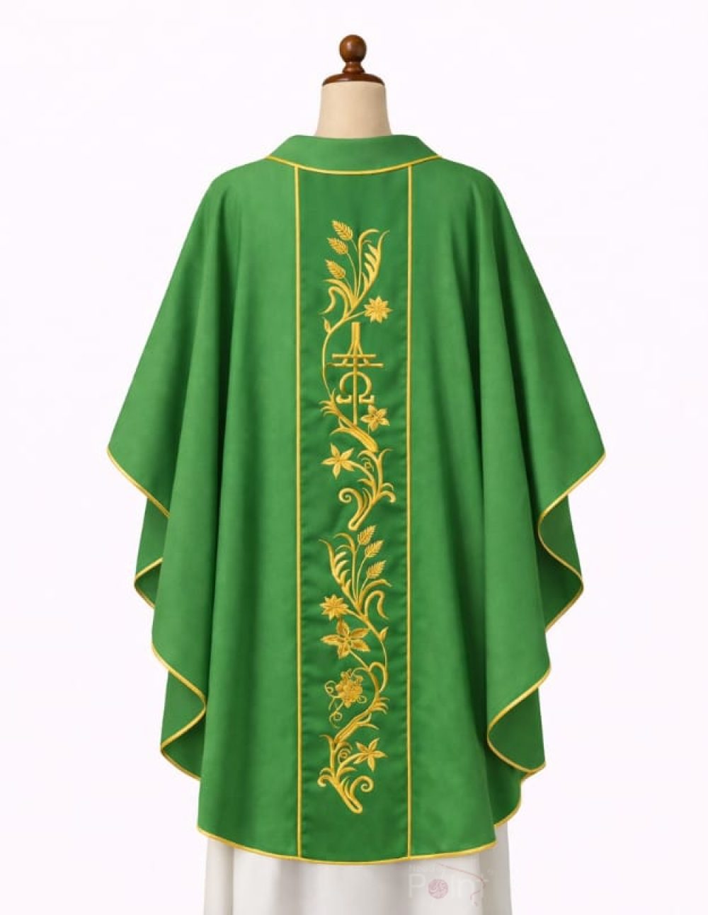 Classic green chasuble back view with gold floral embroidery Catholic priest vestment Needle Point