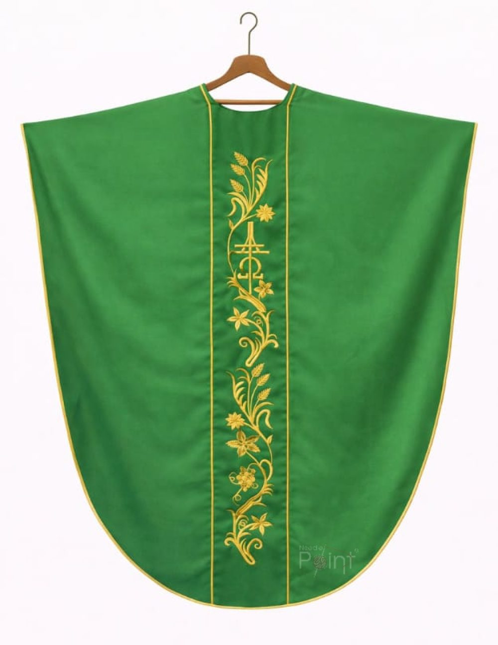 Classic green chasuble hanging view with gold floral embroidery Catholic priest vestment Needle Point