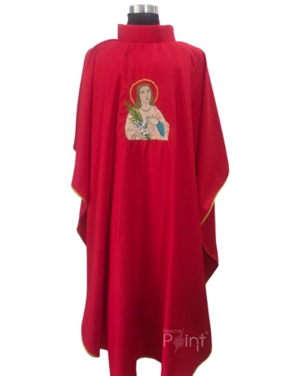 Red Catholic Chasuble with Holy Spirit Dove Embroidery Front View Needle Point