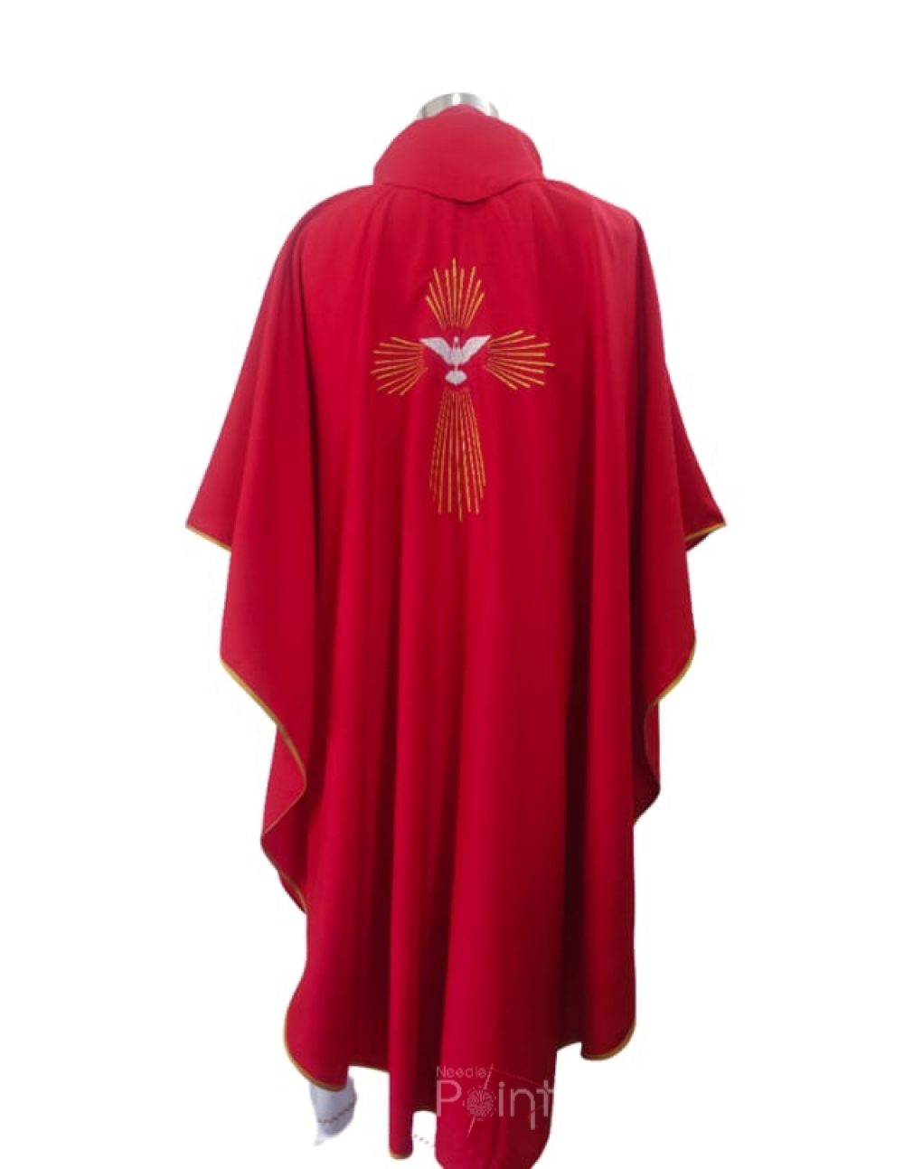 Red Liturgical Chasuble with Sacred Dove Embroidery Back View Needle Point