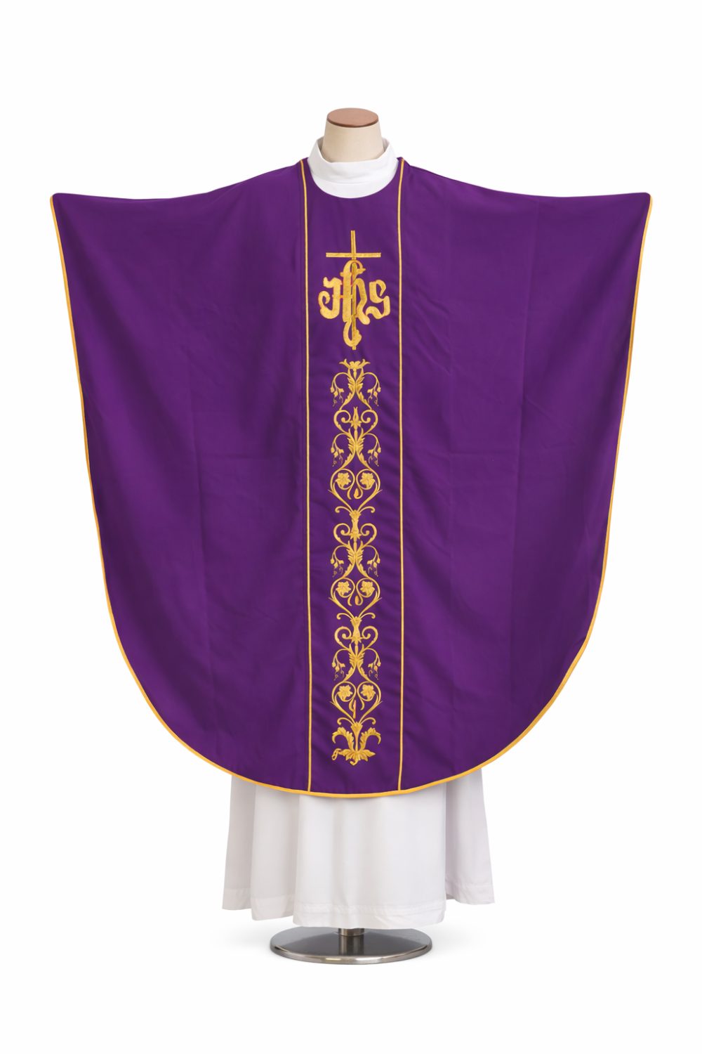 Purple Gothic style chasuble front view on priest mannequin with elegant embroidery Catholic vestment Needle Point