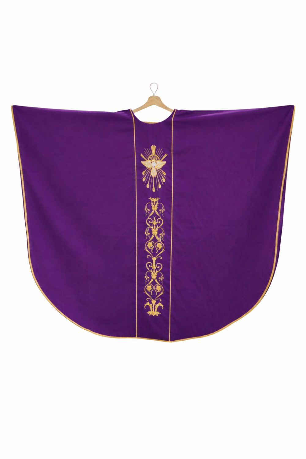 Purple Gothic style chasuble on hanger front view with Eucharistic embroidery Catholic priest vestment Needle Point