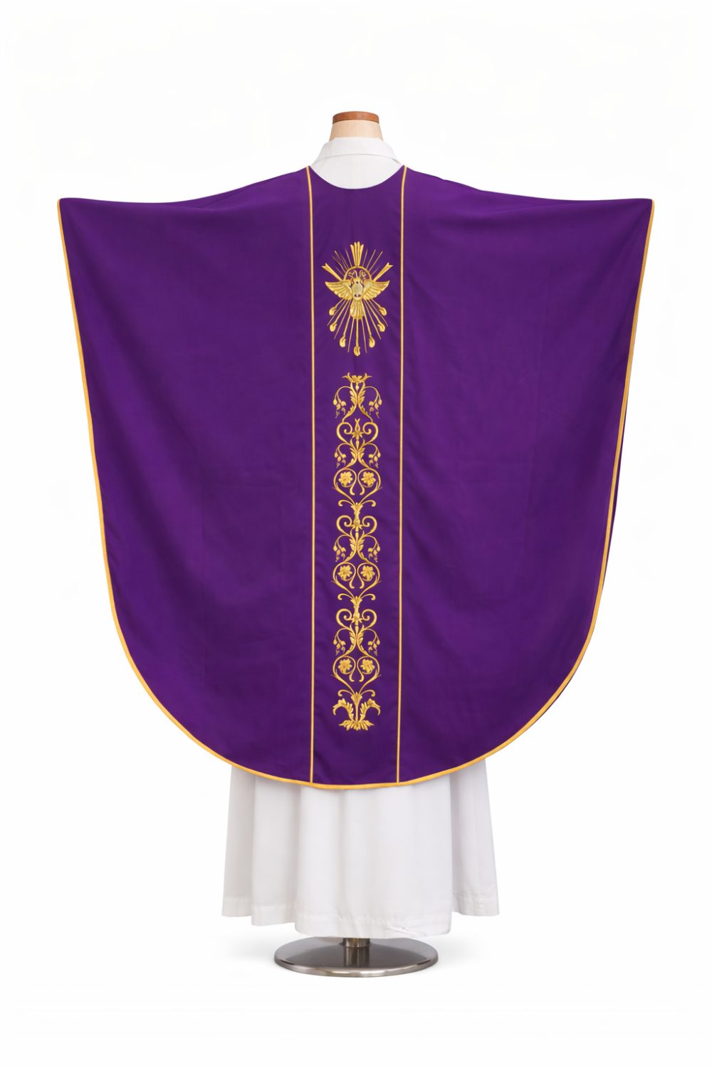 Purple Gothic style chasuble back view on mannequin with Eucharistic embroidery Catholic priest vestment Needle Point