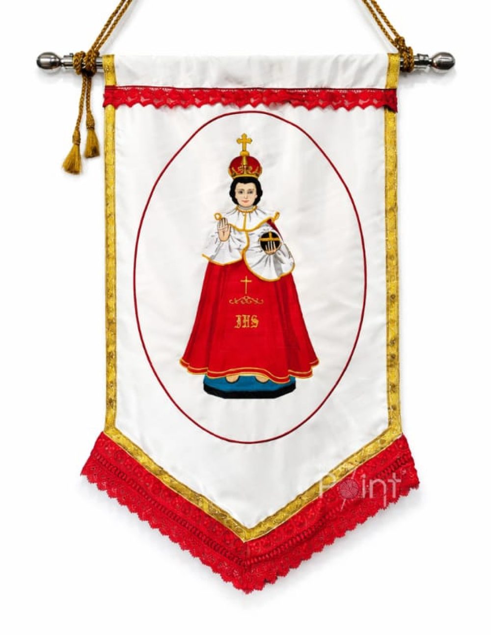 White Royal Infant Jesus embroidery flag with crown IHS monogram gold border — Needle Point India