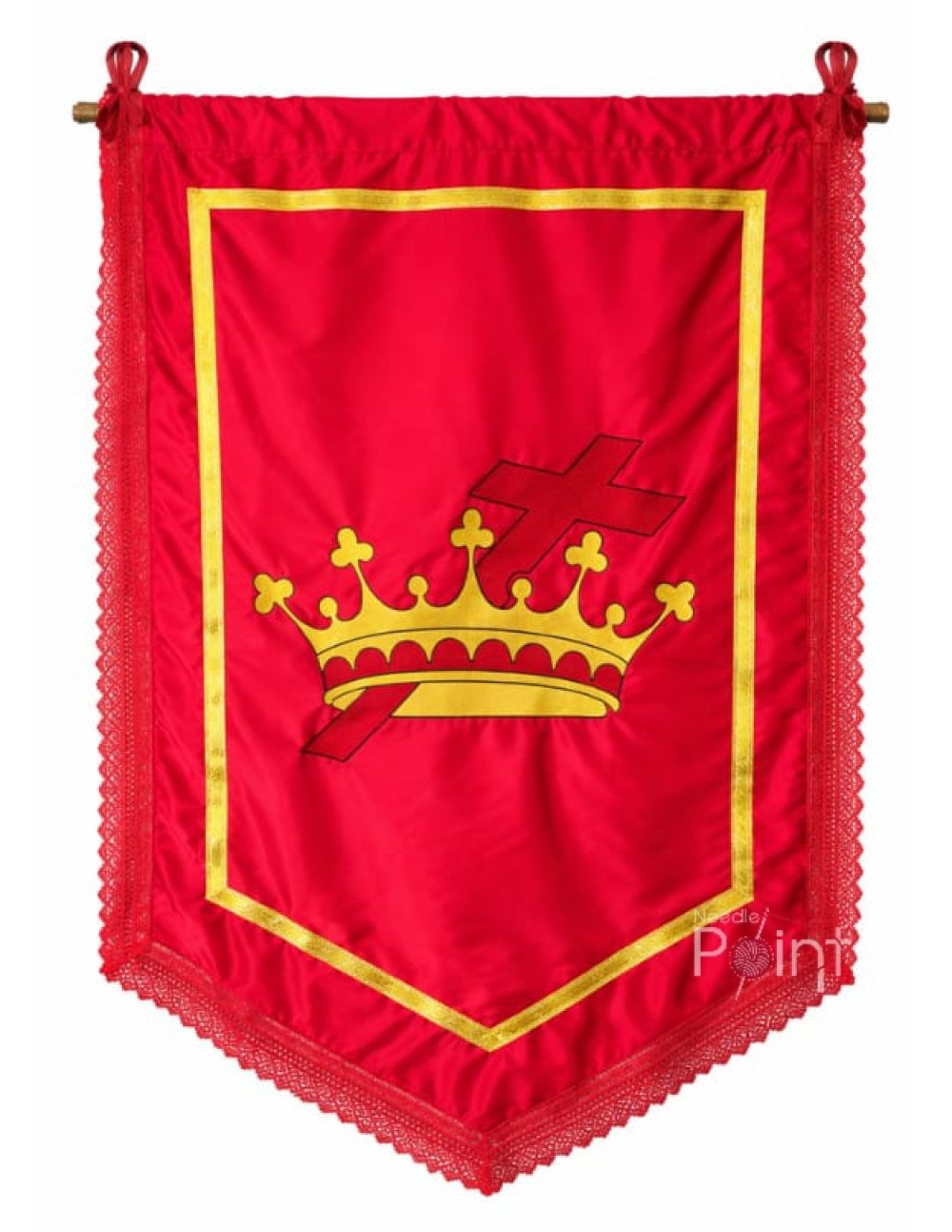 Red Sacred Crown of Christ embroidery flag with gold crown for church procession — Needle Point India